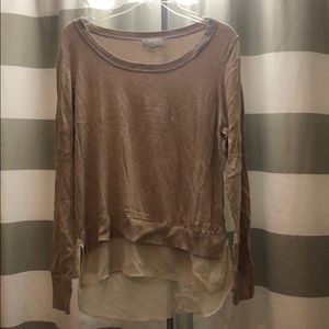 Tan Sweater with White Faux Blouse Layer